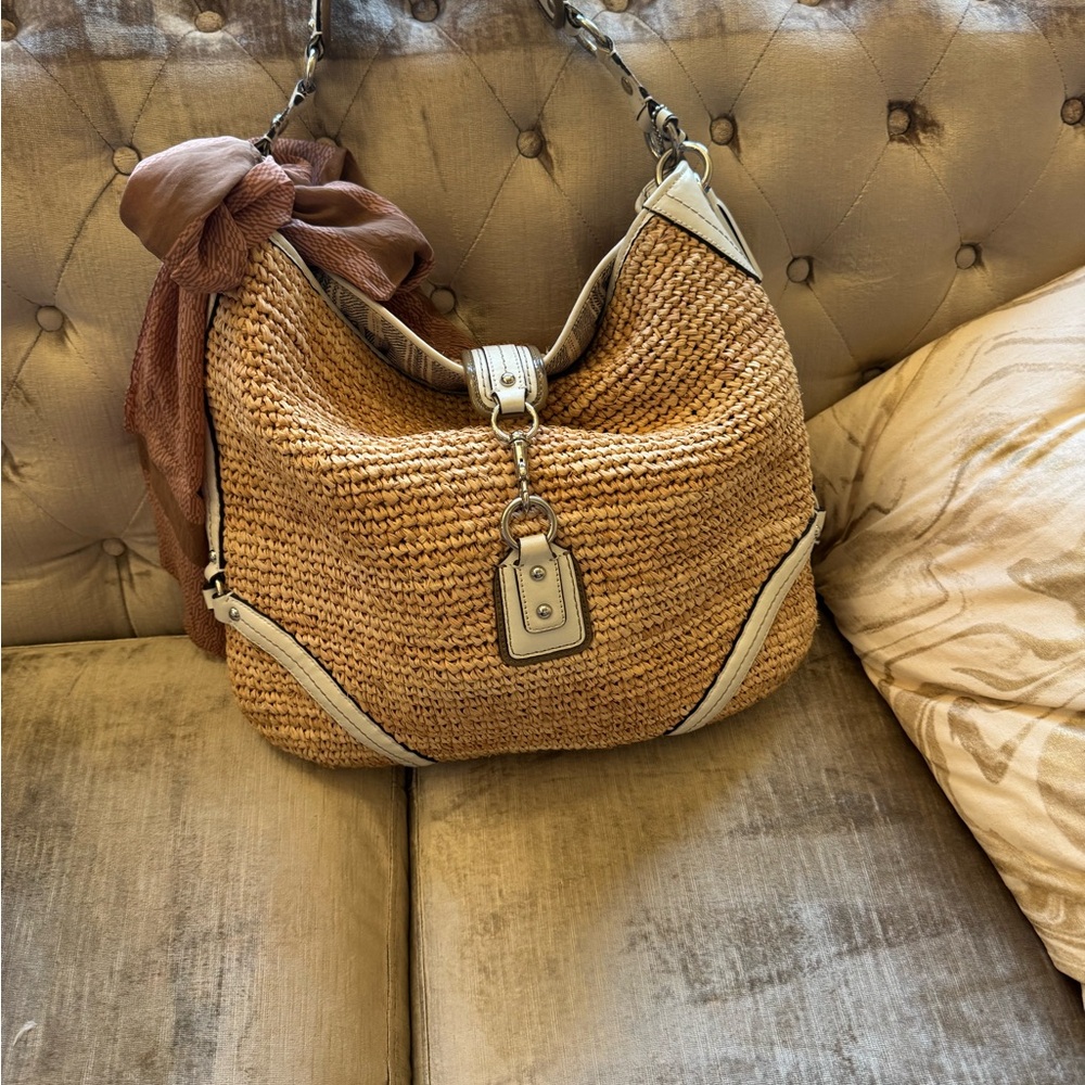 Coach Woven Straw Hobo Bag White Leather Trim Summer Tote with Scarf & Tassels - Picture 3 of 7